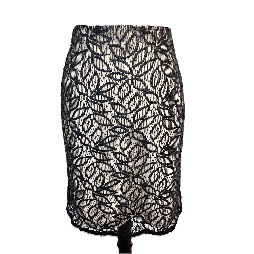 Ann Taylor Skirt sz 8 Pet Black Lace Camel Straight Pencil Knee Stretch Wedding